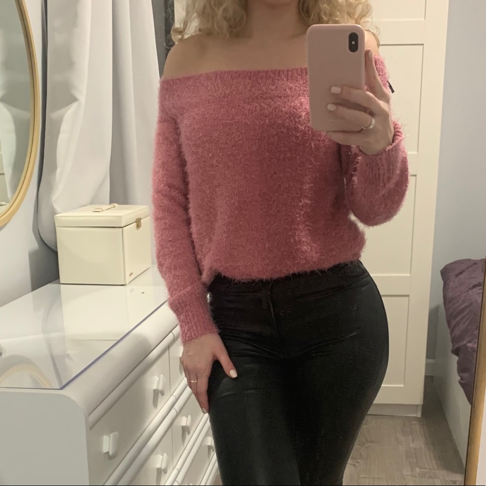 Fuzzy Teddy Bear Off the Shoulder Sweater